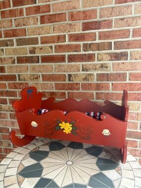 Antique Hand-Painted Red Wooden Cradle with Floral Design